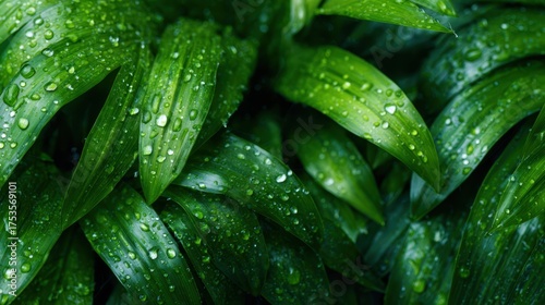 Close-up photography of vibrant green leaves covered in glistening dew drops, capturing the freshness of nature after a soothing rain shower.