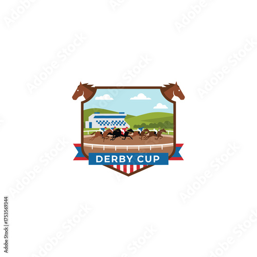 A derby backdrop featuring a horse race frame, racing horses in competition, a hippodrome, racetrack, and the design of a horse racing event