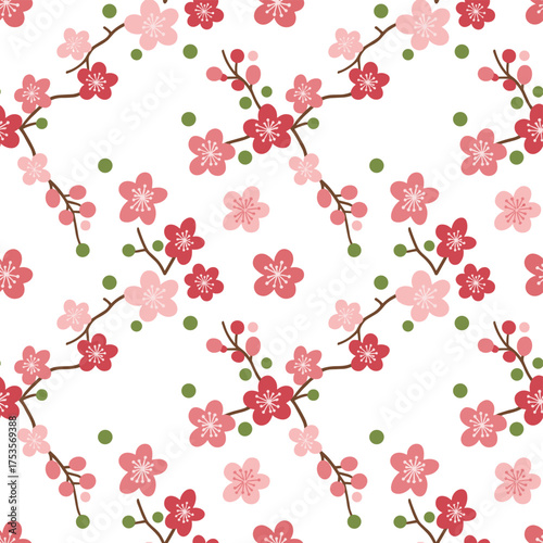 A continuous pattern featuring Japanese pink cherry blossoms, rendered in a vintage vector style, ideal for wallpapers, pattern fills, website backgrounds, surface textures, and textiles