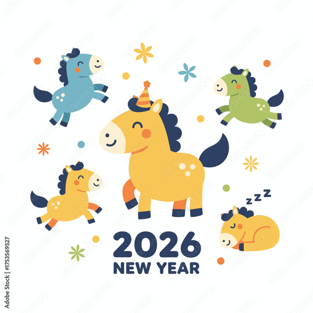 Naklejka premium A simple and adorable horse illustration set, featuring a cute horse collection and symbolizing the 2026 New Year