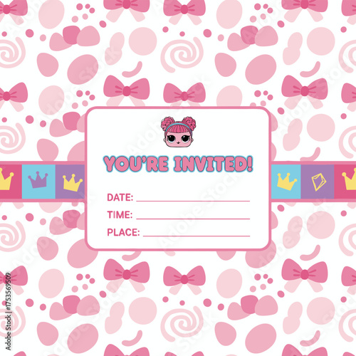 An abstract pink background vector illustration featuring a seamless pattern and cute pink bows, designed as a girlish-themed Lol surprise doll decoration banner and invitation card template