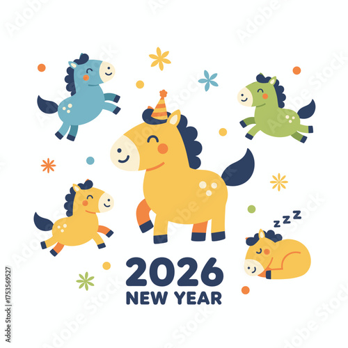 A simple and adorable horse illustration set, featuring a cute horse collection and symbolizing the 2026 New Year