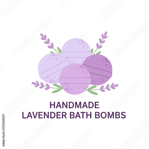 Handmade lavender bath bombs featuring lavender flowers against a white backdrop, including a lilac variant