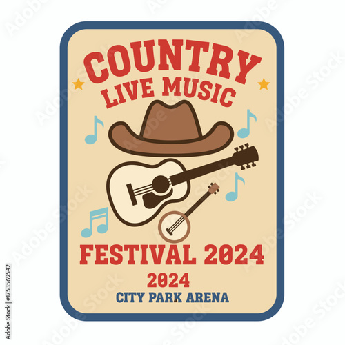 A country music sign featuring a cowboy hat, a poster for a live country music festival, and a concert banner template with a guitar and cowboy hat in a western style, all symbolizing country music