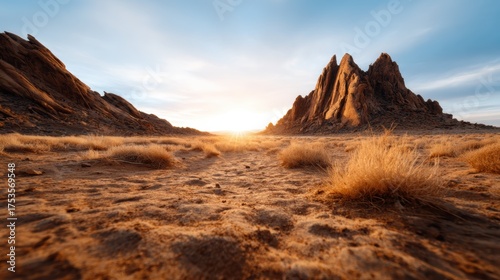 A breathtaking sunset casts golden light over rugged mountain peaks with a serene desert landscape, highlighting the natural beauty and tranquility of the evening sky.