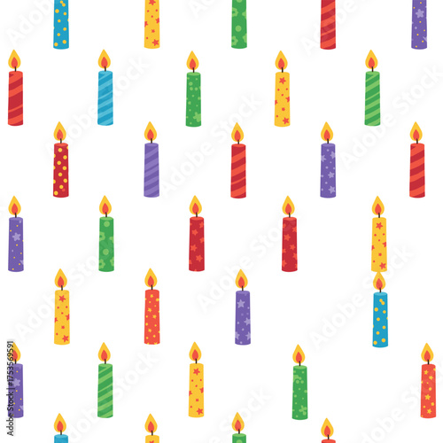 A seamless pattern featuring colorful, burning birthday cake candles against a background of varied prints, suitable for holiday and anniversary celebrations, presented as a flat vector illustration