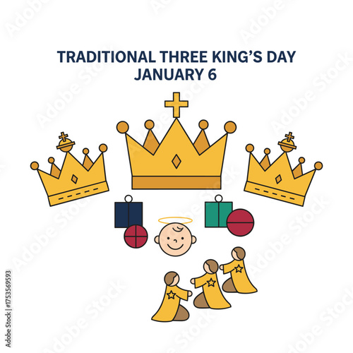 A vector illustration of the holiday background for Traditional Three King's Day on January featuring three gold crowns; the wise men first saw baby Jesus and brought him gifts