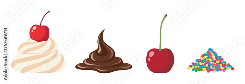Whipped cream swirl, chocolate dollop, cherry, and colorful sprinkles arranged in a line for dessert decoration.