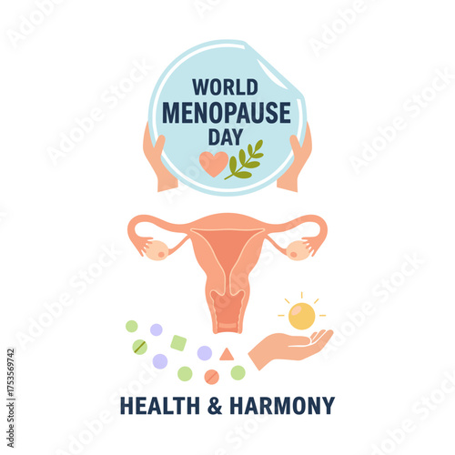 World Menopause Day highlights the female reproductive system, the climacteric phase, hormone replacement therapy, a paper sign, a medical vector illustration, and health care