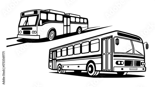 "Monochrome vector art of buses in different shapes and sizes, bold black forms on stark white, symmetrical and clean composition, no shading."