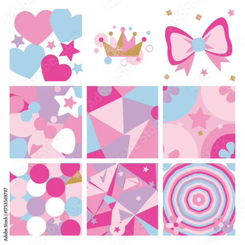 A set of abstract pink backgrounds, featuring a girlish, Lol-themed surprise doll banner, suitable as an invitation card template
