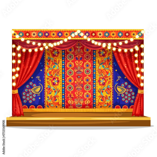 Vibrant Indian stage backdrop with peacock motifs and festive lighting creates a captivating cultural ambiance for celebrations and theatrical performances