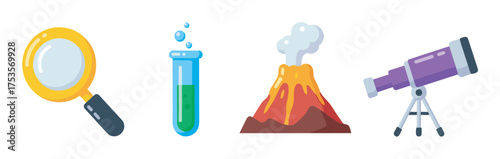 Illustrations of a magnifying glass, test tube with liquid and bubbles, erupting volcano, and a telescope on a tripod.
