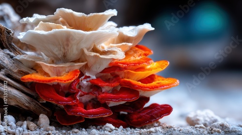 This striking image showcases a cluster of vibrant orange and white mushrooms growing on a piece of wood, highlighting the beauty of nature's intricate details.