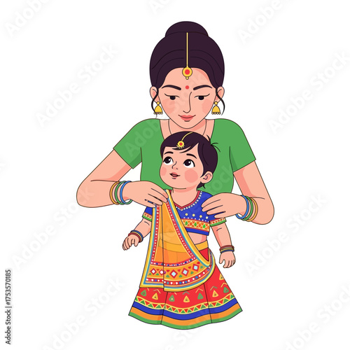 Loving mom dressing her adorable baby in vibrant traditional Indian attire, a heartwarming depiction of cultural heritage and maternal love that shines