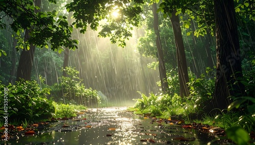 A sunlit pathway through a verdant forest during a rain shower. Sunlight streams through the trees, illuminating raindrops and lush foliage