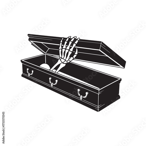 Vector art of a black and white illustration of a skeleton hand emerging from an open coffin