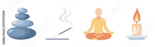 Minimalist illustration showing soothing elements: stacked stones, a burning incense stick, a person meditating, and a lit candle in soft pastel hues.