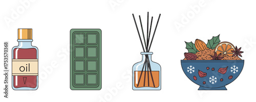 Aromatic oil bottle, scented wax package, diffuser with sticks, and a bowl of potpourri with dried citruses and spices for home fragrance.