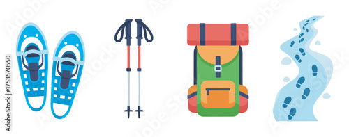 Colored illustrations of blue snowshoes, hiking poles, a multicolored backpack, and snowy footprints over a winter path.