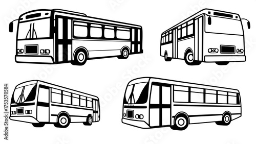 "Graphic poster of bus silhouettes, six distinct models in pure black, isolated on white, simple layout, no overlap, crisp line art, flat modern style."