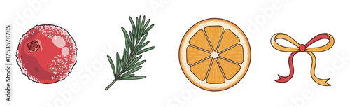 Colorful hand-drawn illustrations of a sugared cranberry, a sprig of rosemary, a sliced orange, and a decorative ribbon bow.