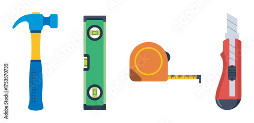 Colorful set of four construction tools featuring a hammer, level, tape measure, and utility knife neatly arranged in a row.
