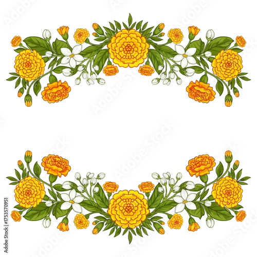 Elegant floral frame with vibrant marigolds and delicate jasmine flowers for beautiful stationery, invitations, and heartfelt greeting cards design