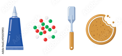 Blue icing tube, red and green sprinkles, spatula with wooden handle, and partially eaten cookie on white background.