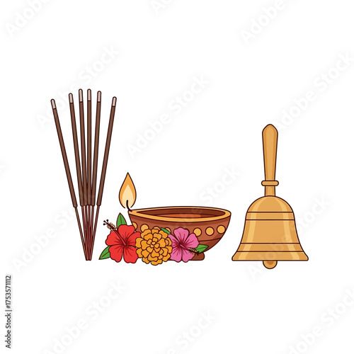 Celebrate Diwali with this festive arrangement of flowers, incense, a glowing diya lamp, and a traditional golden bell for a warm and welcoming vibe