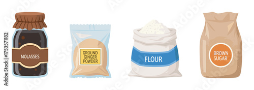Illustration of various baking ingredients including molasses in a jar, ground ginger powder in a packet, flour in a sack, and brown sugar in a paper bag.