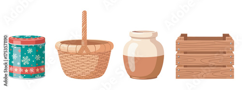 Four kitchen storage containers including a festive tin, woven basket, ceramic jar, and wooden crates, aligned in a row.
