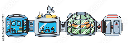 Linear illustration of a futuristic space station with interconnected modules, featuring a laboratory, a greenhouse, and living quarters.