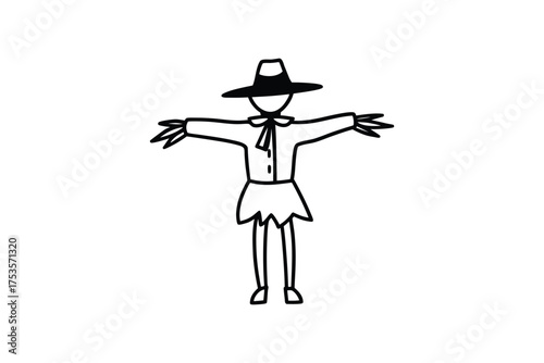 Simple drawing of a scarecrow wearing a hat black and white silhouette