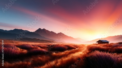 A breathtaking sunset casts a warm glow over a tranquil mountain landscape, inviting peace and reflection in nature's stunning beauty and vastness.