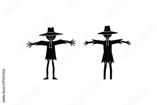 Two simple scarecrow figures with outstretched arms a dark silhouette