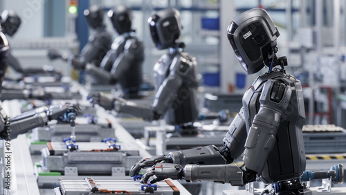 3D Render: Industrial AI Transformation: Human Like Robots in Industrial Environment. Autonomous AI Powered Humanoid Robots Stand in a Row and Work at Factory on Assembly Line.