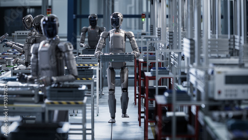 3D Render: Industrial AI Transformation: Autonomous AI Powered Humanoid Robot Walking through a Factory and Transporting a Box. Advanced Human Like Robot Working in Industrial Environment.