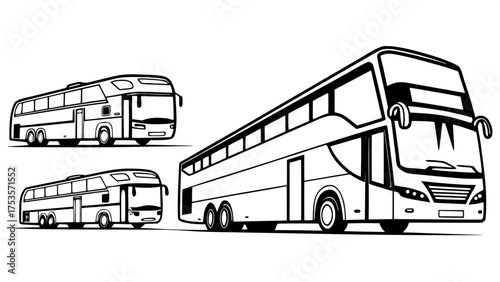 "Black and white minimalist illustration of various buses — coach, school bus, double-decker, tour bus, van, and minibus — arranged separately on white, bold vector design."