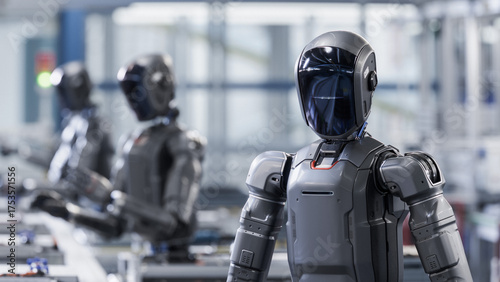 3D Render: Industrial AI Transformation: Autonomous AI Powered Humanoid Robot Walking through a Factory and Transporting a Box. Advanced Human Like Smart Robot Working in Industrial Environment.