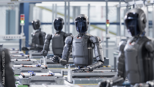 3D Render: Industrial Automation AI Accelerated: Human Like Robot in Industrial Environment. Autonomous AI Powered Humanoid Robots Stand in a Row and Work at Factory on Assembly Line.