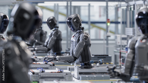 3D Render: Industrial AI Transformation: Advanced Human Like Robot Working in Industrial Environment. Autonomous AI Powered Humanoid Robots Work at Factory on Assembly Line.
