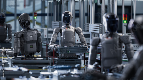 3D Render: Industrial AI Transformation: Autonomous AI Powered Humanoid Robot Walking through a Factory and Transporting a Box with Details. Advanced Human Like Robot Working in Industrial Environment