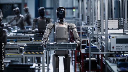3D Render: Industrial AI Transformation: Portrait of Human Like Robot with Black Glass Visor in Industrial Environment. AI Powered Humanoid Robot Walking through a Factory and Transporting a Box