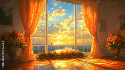 Sunset view from a window with orange curtains and flowers warm light and colors peaceful atmosphere