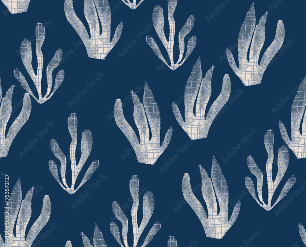 Fototapeta premium Underwater Seaweed Pattern on Navy Blue Background
