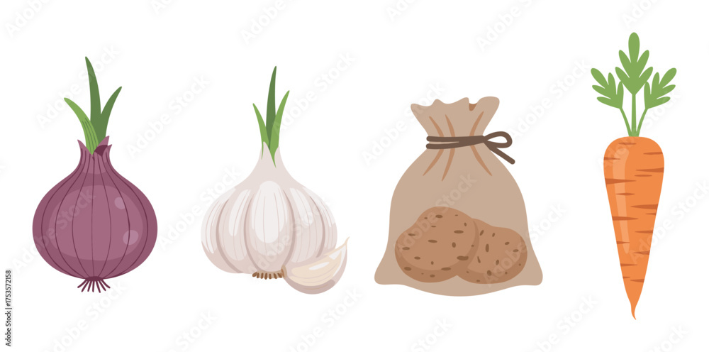 Fototapeta premium Stylized vector illustration of fresh onion, garlic, a sack of potatoes, and a carrot with greens, emphasizing organic produce.