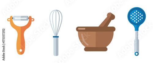 Four colorful kitchen utensils including a peeler, whisk, mortar and pestle, and a skimmer, arranged in a row on a plain surface.
