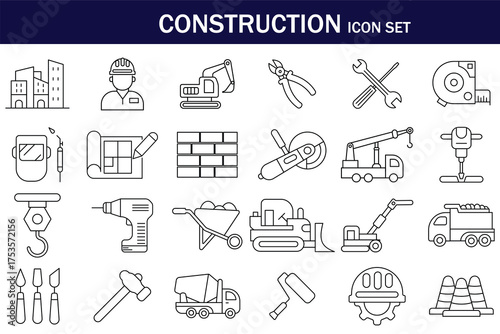 Construction icon set featuring line-style illustrations of tools, machinery, workers, vehicles, and safety equipment. Perfect for engineering, architecture, and industrial design projects.