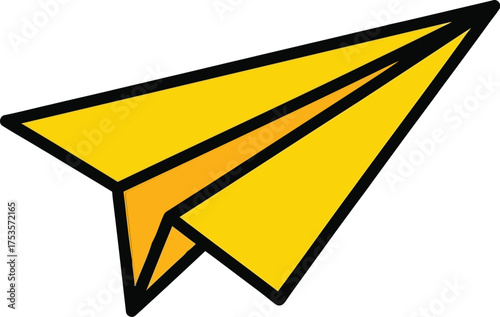 A simple yellow paper airplane with a black outline is shown